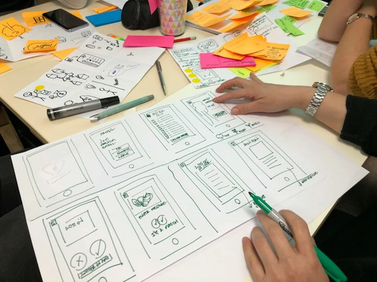Landing page tasarımı: kağıt üzerinde çizilmiş mobil sayfa taslakları (wireframe)